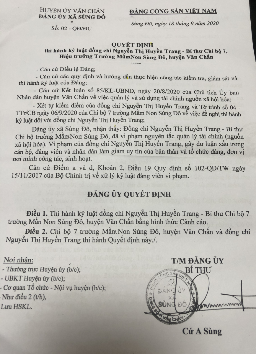 Thi hành kỷ luật Đảng đối với Hiệu trưởng trường Mầm non Sùng Đô, huyện Văn Chấn, tỉnh Yên Bái